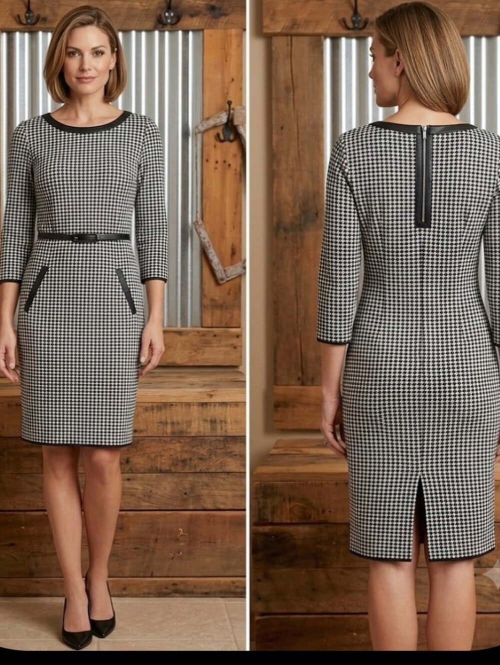 Lauren RL houndstooth knit Dress S bodycon black & white
